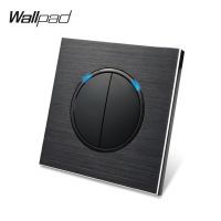 Wallpad L6 2 Gang 1 Way Satin สวิตช์ไฟติดผนังโลหะสีดำแผ่นอลูมิเนียมสุ่มคลิกปุ่มกดพร้อมไฟ LED สีฟ้า