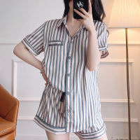 Autumn 2 Pieces Womens Pajamas Sets Faux Silk Striped Pyjama Womens Pajamas Sleepwear Sets Spring Summer Homewear