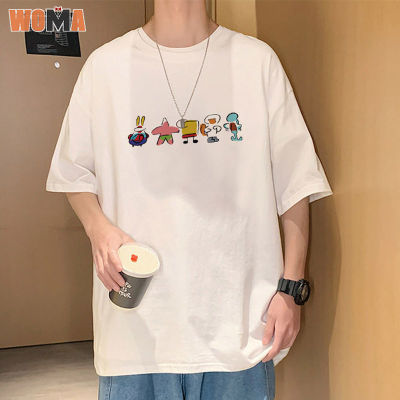 WOMA เสื้อยืดแขนสั้นผู้ชายเทรนด์พิมพ์ลายการ์ตูนเกาหลีเสื้อคู่หลวม