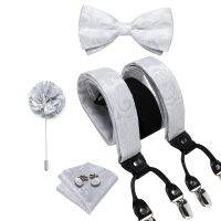 Luxury White Silk Mens Suspenders Adjustable 6 Clips Braces DiBanGu Leather Metal Pre-Tied Bow Tie Brooch Pocket Square Set