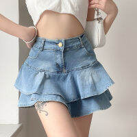 Retro Blue Double Layer Ruffled Women Denim Skirt Korean Fashion Y2k Small Cake Pleated High Waist Slim Short Female Mini Skirts