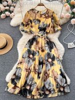 【hot】❐☂  Floral Print Pleated Round Neck Puff Sleeve Waist Draped Beach Vestidos New