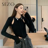 เสื้อยืดแขนยาว SEZO เกาหลี Cut Hole Slim สำหรับผู้หญิง