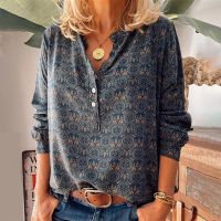 Women Blouses Vintage Print Boho Plus Size Casual Button V Neck Long Sleeve Shirts Autumn Elegant Tops Female Clothes Блузки