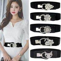 (ETX)Elegant Lady Flower Shape Rhinestone Double Buckle Elastic Waist Seal Fashion Black Width Belt Coats Down Dresses Luxury Belts