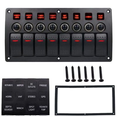 Boat Car Marine Rocker Switch Panel 8 Gang 3PIN &amp; Circuit Breaker Overload Protection Waterproof LED Switch Panel DC12/24V ON-OFF Aluminium Switches