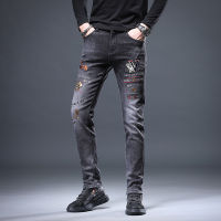 กางเกงกางเกงยีนส์ปักผู้ชายแนวยุโรปผ้ายืดแฟชั่นหนา2021 Jeans Slim Fit