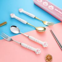 Cute Paw Spoon Fork Chopsticks Cutlery Set with Case Portable Stainless Steel Tableware for Camping Travel Kitchen Utensils Flatware Sets