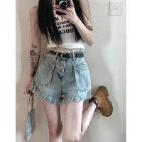 กางเกงขาสั้น American style wear with fringe pants high-end wide-leg tooling denim shorts for women summer