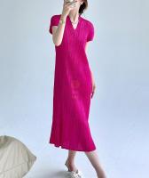 ►❁ Aiden001 Average Size High Elastic Loose Ironing-Free Pleated Summer V-Neck Slim High Waist Elegant Long Dress 91181