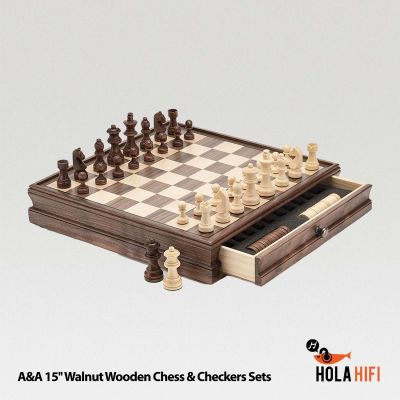 A&amp;A 15 Walnut Wooden Chess &amp; Checkers Sets ชุดกระดานหมากรุก ไม้วอลนัทแท้ มีลิ้นชักจัดเก็บ ไม่เปลืองพื้นที่
