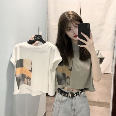 ☽﹉☢ Short sleeved T Crop Waist Korean Version Loose Female Tee New O Neck
