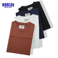 MBBCAR เสื้อยืดแขนเด็กผู้ชายถักเสื้อคอลูกเรือแฟชั่นสตรีท200G เย็บสีทึบสไตล์สตรีทใหม่สำหรับฤดูร้อน