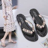 Flip-flops female han edition 2022 summer fashion diamond flat shoes thong beaded antiskid seaside beach shoes