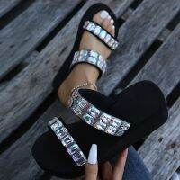 Shiny Rhinestones Wedge Slippers Women Summer Luxury Crystal Platform Slides Woman Light Comfort Non-Slip Med Heels Flip Flops