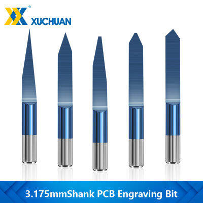 การแกะสลัก PCB ก้านขนาด3.175มม. 0.1-0.5มม. V Bentuk Pemotong Pengilangan 3D นาโนสีฟ้าเคลือบส้นแบนดอกสว่านสลักบิทเราเตอร์ซีเอ็นซี
