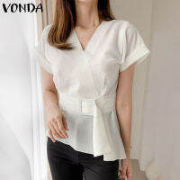 Fancystyle VONDA เสื้อผู้หญิงคอวีครึ่งแขน,เสื้อดีไซน์ใหม่ทำงานเข็มขัดเก็บเอวแบบสวมหัวธรรมดา