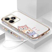 Case4you สำหรับ C53 Realme Realme Narzo N53ฟรีสายคล้อง + ลายการ์ตูนสุนัขน่ารักขอบสี่เหลี่ยมชุบเคลือบเคสโทรศัพท์เคสโทรศัพท์นิ่มสุดหรู