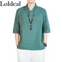 Loldeal เสื้อยืดแขนยาวครึ่งแขนของผู้ชาย,ผ้าฝ้ายลินินคอวีสีพื้นทรงสลิมฟิต