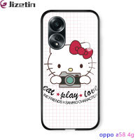 Jizetin OPPO A58 4G เคสฝาหลังกระจกนิรภัยมันวาวแมวสำหรับเด็กผู้หญิง Kity เคสแมว KT