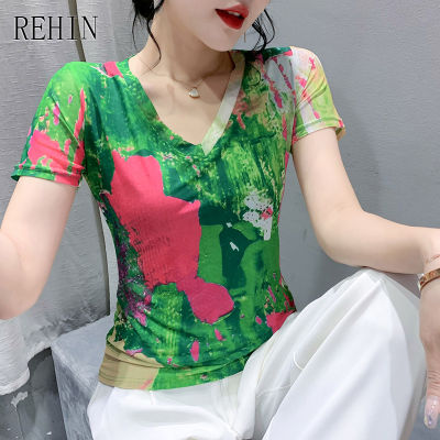 REHIN ผู้หญิงฤดูร้อนแฟชั่นตาข่ายพิมพ์ดอกไม้แขนสั้นเสื้อยืด V คอ Slim และบาง Elegant S-3XL เสื้อ
