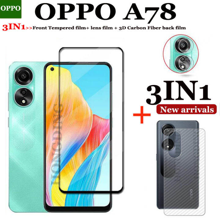 a78-oppo-3in1-ปกป้องหน้าจอกระจกเทมเปอร์แบบเต็มหน้าจอ-เส้นใยฟิล์มด้านหลัง-a78ฟิล์มเลนส์-oppo-ความเป็นส่วนตัว-a78-สีม่วงกระจกนิรภัยป้องกันแสงม่วงน้ำเงินกระจกเทมเปอร์กระจกเทมเปอร์