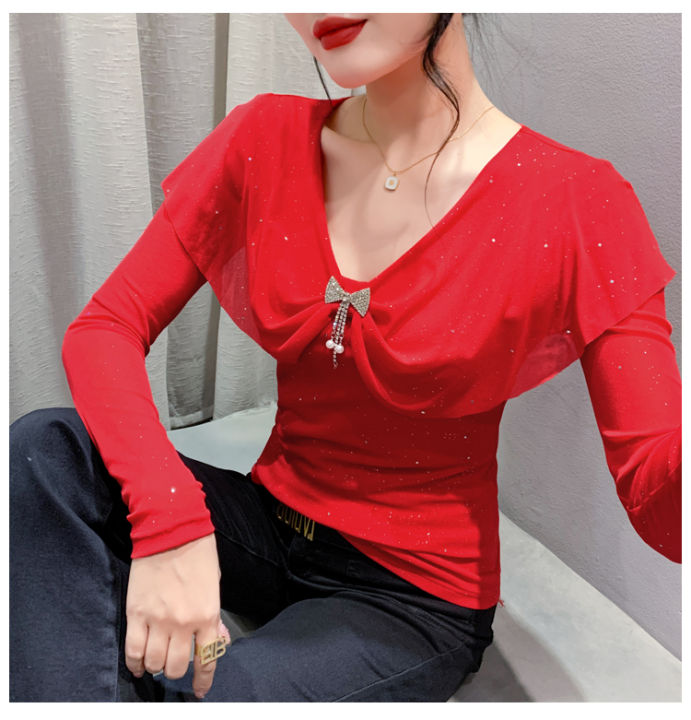 rehin-เสื้อผู้หญิง2023การออกแบบที่ไม่เหมือนใครมาใหม่ล่าสุดฤดูใบไม้ร่วง-แฟชั่นแขนยาวเสื้อยืดผ้าตาข่ายขอบใบบัว