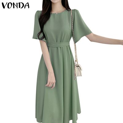 VONDA Women Korean Casual Short Sleeve Round Neck Straps A Line Dress
