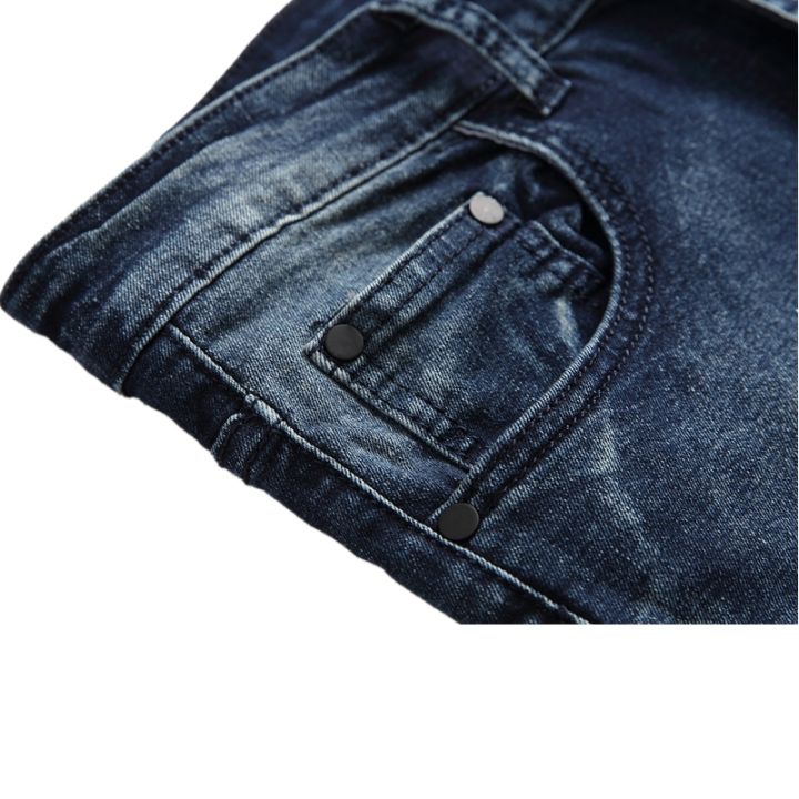 กางเกงขายาวแฟชั่นกางเกงยีนส์สีดำเปิดเข่ายืดสูงสำหรับผู้ชายกางเกงผ้ายืดฮิปฮอป