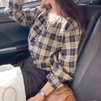 COD DSFERTRETRE Autumn Women Round Neck Plaid Loose Long-sleeved Shirt