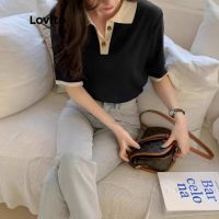 ◘◄ Lovito Casual Plain Colorblock Button Short Sleeves T-Shirt for Women L47ED014 (Black) Lovito Kaos Lengan Pendek Kancing Blok Warna Polos Kasual untuk Wanita