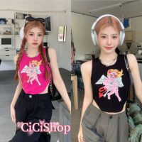 Cici(1562)เสื้อกล้ามยืดไหมพรมผ้าร่อง กรีนลายการ์ตูนชายโค้งสไลต์Y2K