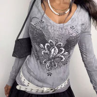 Fashion Causal Y2K Womens T-Shirts Slim Paisley Pattern Long Sleeve Top Basic Female Women Clothing High Street Autumn Shirt