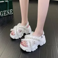 Fashion Women Rhinestones Platform Sandals 2022 Summer Buckle Thick Soled Beach Slippers Chunky Shoes Woman 8CM Wedges Sandalias Shoes Accessories