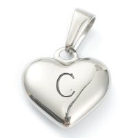 1pc 304 Stainless Steel Pendants Heart with Black Letter Stainless Steel Color Letter.C 16x16x4.5mm Hole: 7x3mm