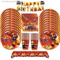 ◑☽﹍ Fireman Sam Party Supplies Disposable Tableware Set Paper Plates Cups Tablecloth Fire Truck Birthday Party Decor Boys Baby Showe