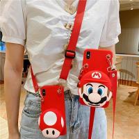 เคสโทรศัพท์ For iPhone 6 6S 7 8 Plus X XS MAX XR 13 12 Mini 11 Pro Max Luxury Release Stress 3D Mario Mushroom Coin Zipper Zero Wallet Bag Soft TPU Phone Case Back Cover With Lanyard