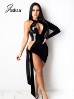 【YF】 Joskaa Patchwork Bandage Sexy Clubwear Women One Shulder Hollow Out Skinny Mini Dress Backless Robes Faux Leather Vestidos