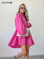 Pink Cotton Puff Sleeve Shirts Dresses Short Loose Waist Lace Up Dress For Women Female Sp And Summer Sweet Casual Outfits