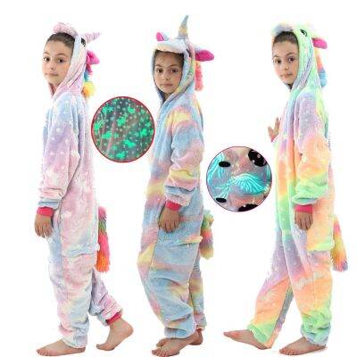 ฤดูหนาว Jumpsuit เด็ก Kigurumi อะนิเมะ Overalls สำหรับเด็ก Unicorn ชุดนอน Warm Plush Glow In The Dark ชุดนอนชายหญิง Onesies