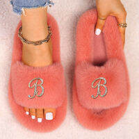 Furry Fur Slippers Fluffy Flip Flops Luxury Designer Rhinestone Golden Letter Faux Fur Fuzzy Slides Flat Sandals Female Shoes