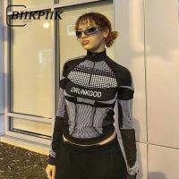 {Warm scarf}BIIKPIIK Letter Zipper Moto Amp; Biker Style Crop Top Striped Dot Patchwork T Shirts Full Sleeve Stand Collar Streetwear Fashion Tee