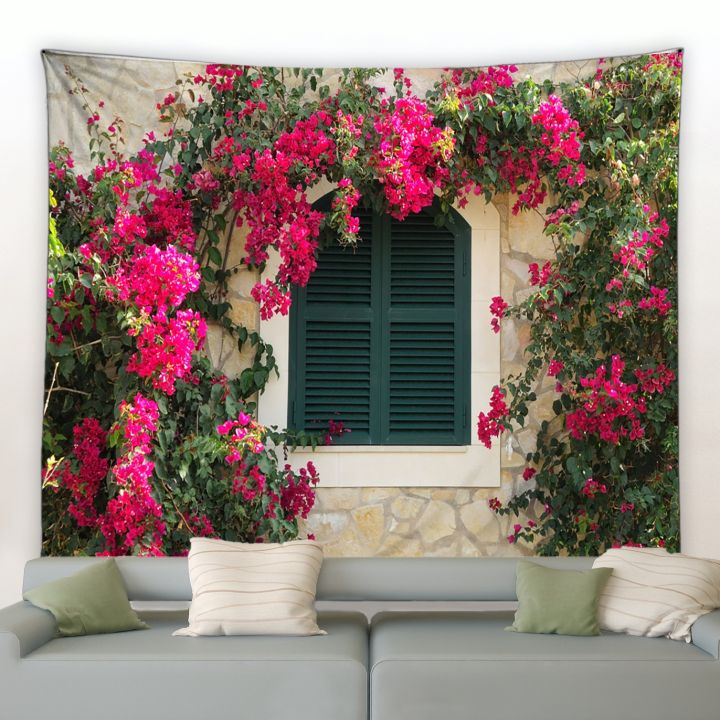 flower-tapestry-spring-fence-windows-landscape-backdrop-cloth-wall-hanging-garden-poster-outdoor-home-decor-tapestry-aesthetics