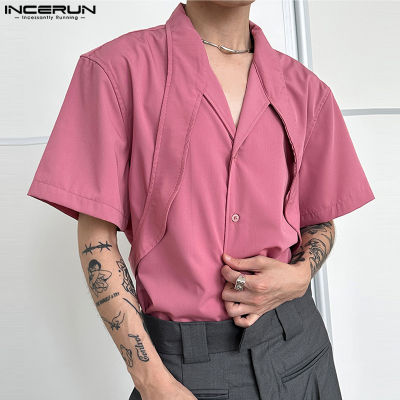 INCERUN เสื้อสายเอี๊ยมอย่างมีสไตล์ลำลองลำลองสไตล์สตรีทแวร์ผู้ชายแขนสั้น (สไตล์เกาหลี)
