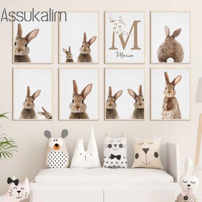 Custom Name Poster Rabbit Canvas Painting Flowers Art Prints Nordic Wall Art Nursery Wall Posters Baby Kids Room Decoration