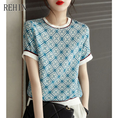 REHIN ผู้หญิง Top Celadon รูปแบบ Heavyweight Silky Acetate ซาติน Non-Iron แขนสั้นเสื้อยืดคอกลมเสื้อ