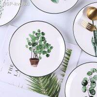 ICA Cerâmica จาน8 Polegada Plant Grande Redondo Verde Preto Linha โรงแรม Porcelana Ocidental Salada Prato Suprimentos Cozinha Utensílios De Mesa