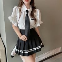 【cw】 Ruffle Puff Sleeves Short sleeve Shirt Pleated Skirt Sets With Tie College JK Uniform