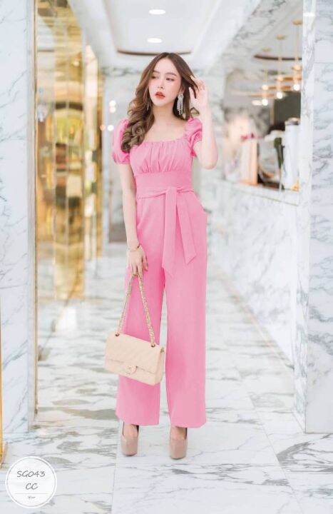 ml043-jumpsuit-จั๊มสูทขายาว-แขนพอง-ช่วงอกจับจีบ-ช่วงเอวมีโบว์ผูก-ไหล่สม็อคยางยืด-เนื้อผ้าซาร่า-ทรงเข้ารูปสวย-งานน่ารัก-ใส่สวยตัวเดียวจบ-นางแบบใส่งานจริง-เนื้อผ้า-ซาร่า-สี-2-สี-กรม-ชมพู-ขนาด-รอบอก-bust