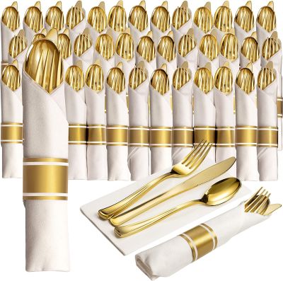 【CW】☈  12PCS  Disposable Cutlery Set Wedding Napkin Paper Pre-Rolled Plastic Tableware Silverware Birthday Decoration